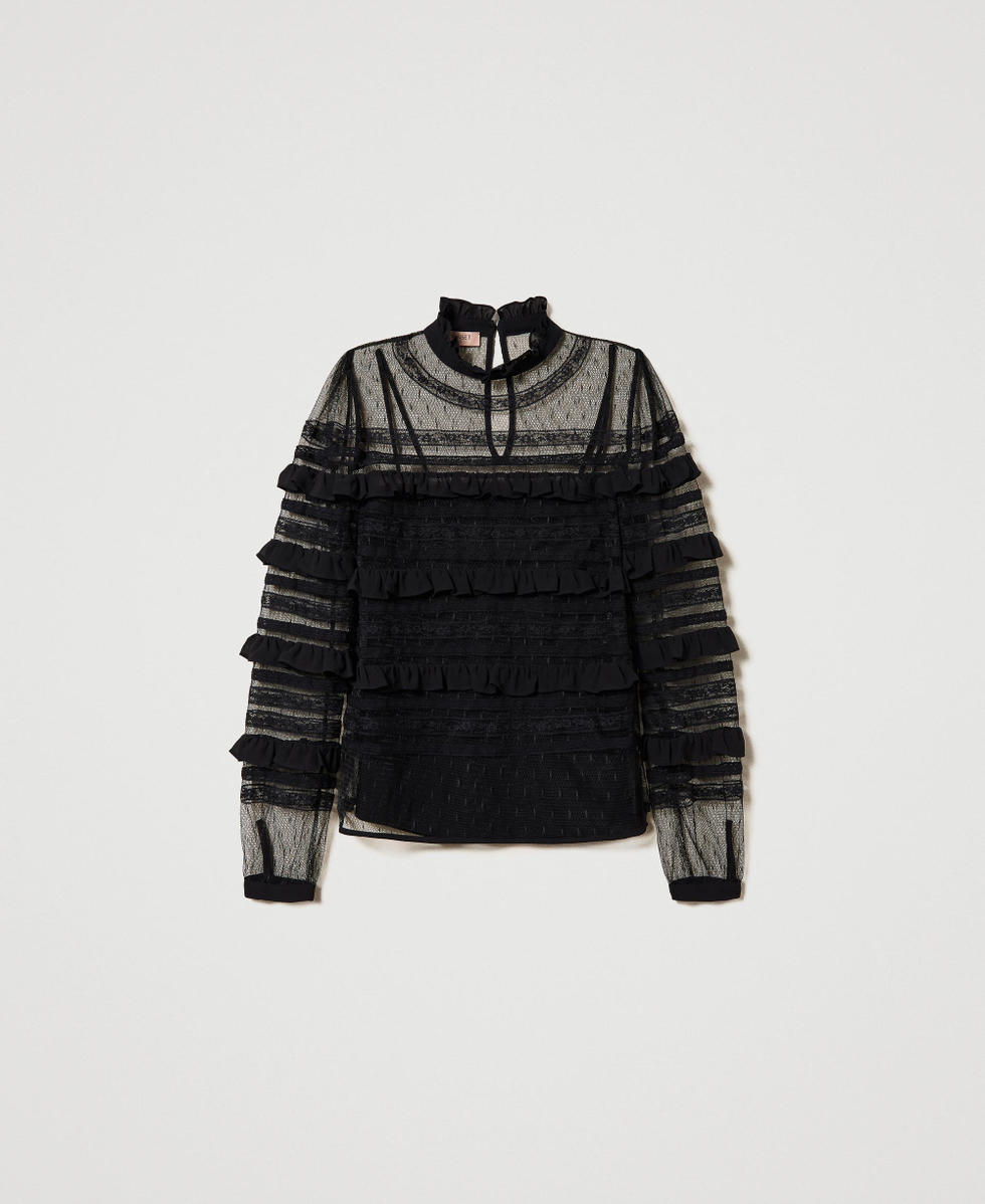 Blusa de tul plumetis y encaje Mujer Negro TWINSET Milano
