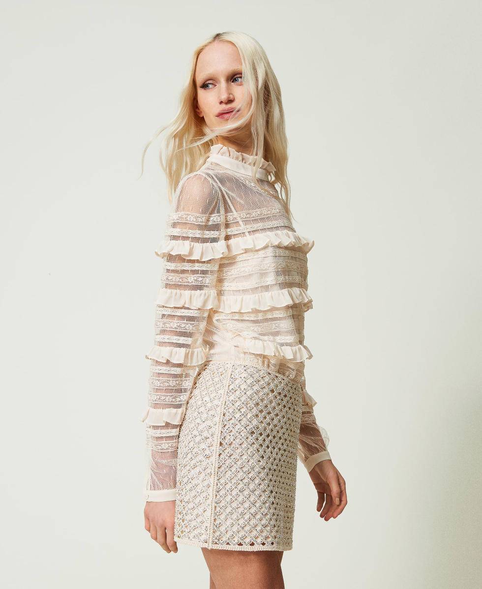 Blouse en tulle plumetis et dentelle Ivoire Femme 241TP2041_00018_03