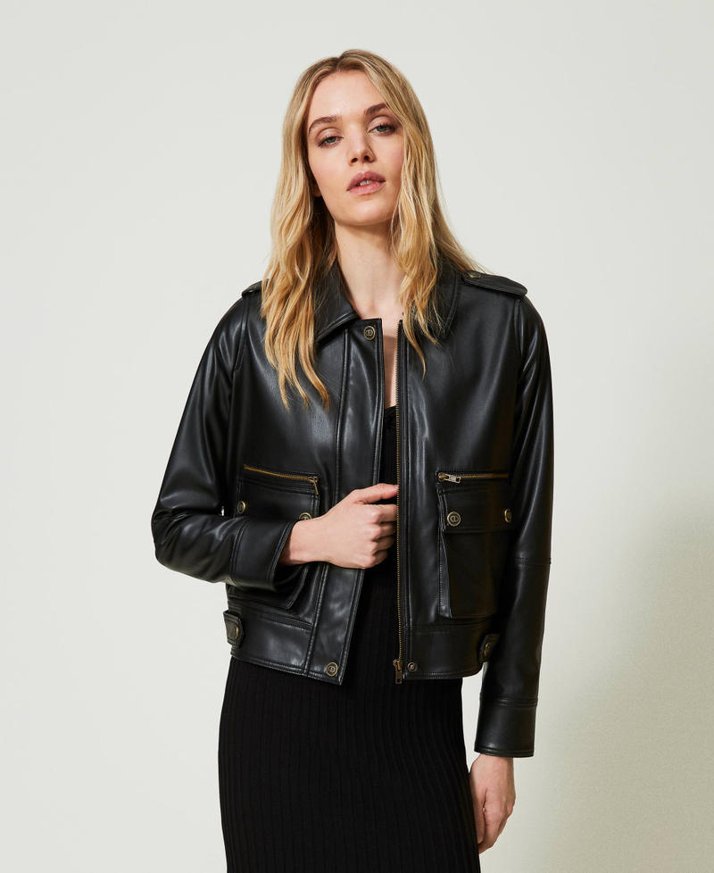 Leather-like jacket with maxi pockets Black Woman 241TP2060-01
