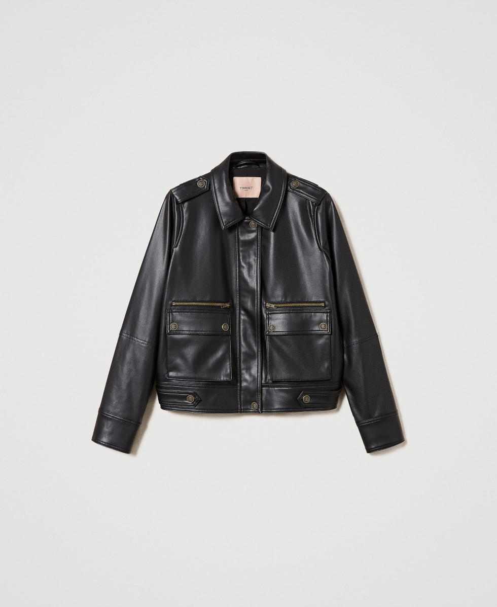 Leather-like jacket with maxi pockets Black Woman 241TP2060_00006_S0