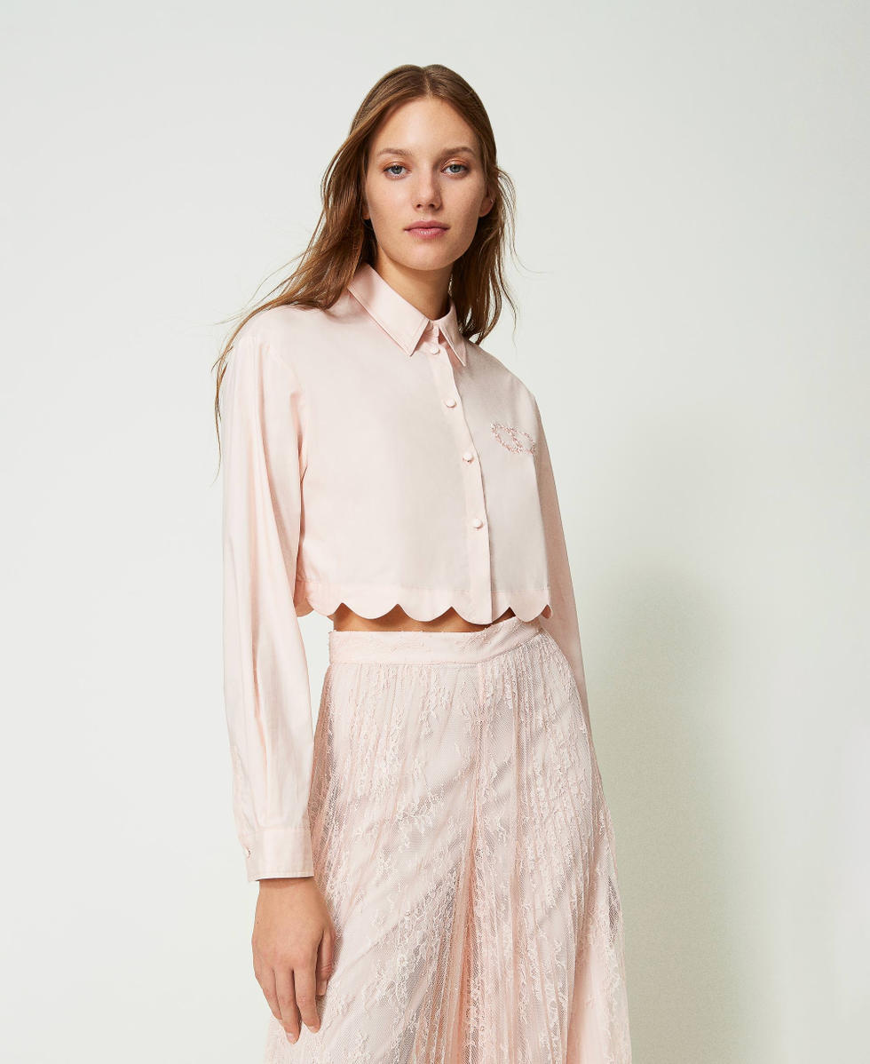 【翌日発送可能】 poplin Cropped shirt Pink Woman, edge scalloped with シャツ/ブラウス(長袖/七分)