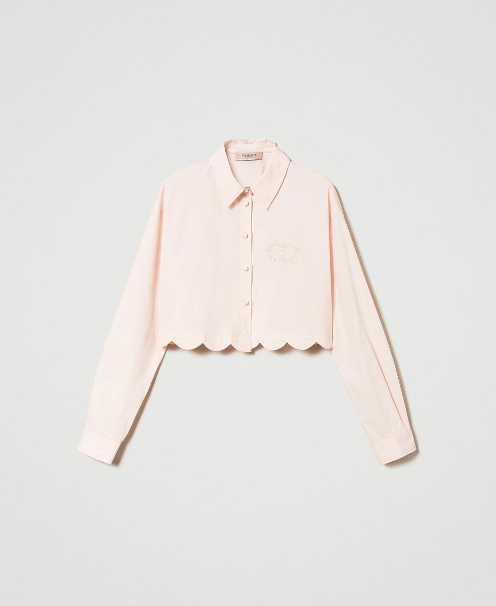 Cropped poplin shirt with scalloped edge Woman, Pink