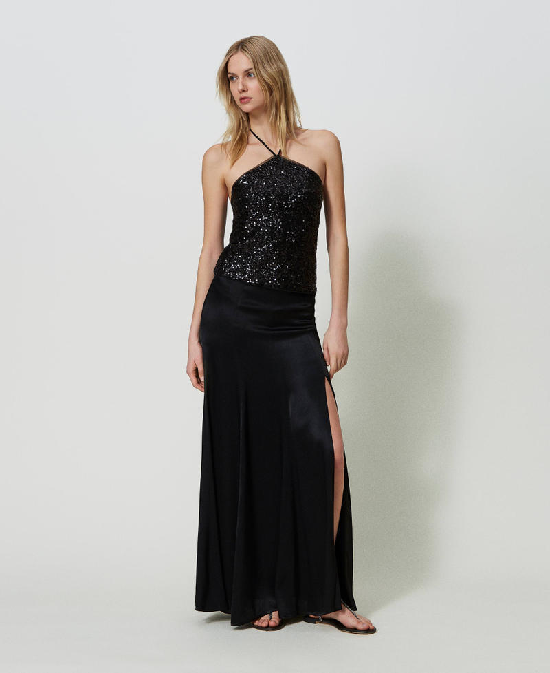 Maxirock aus Satin Schwarz Frau 241TP2102_00006_01