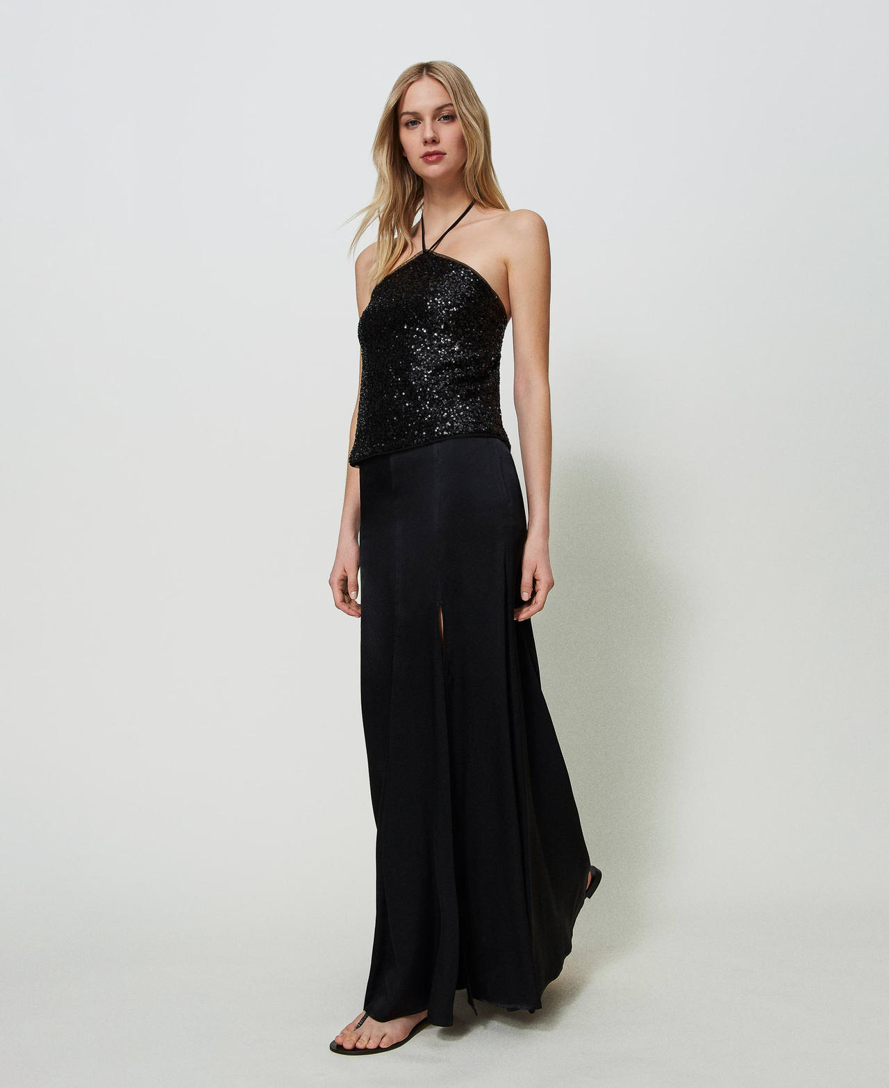 Maxirock aus Satin Schwarz Frau 241TP2102_00006_02