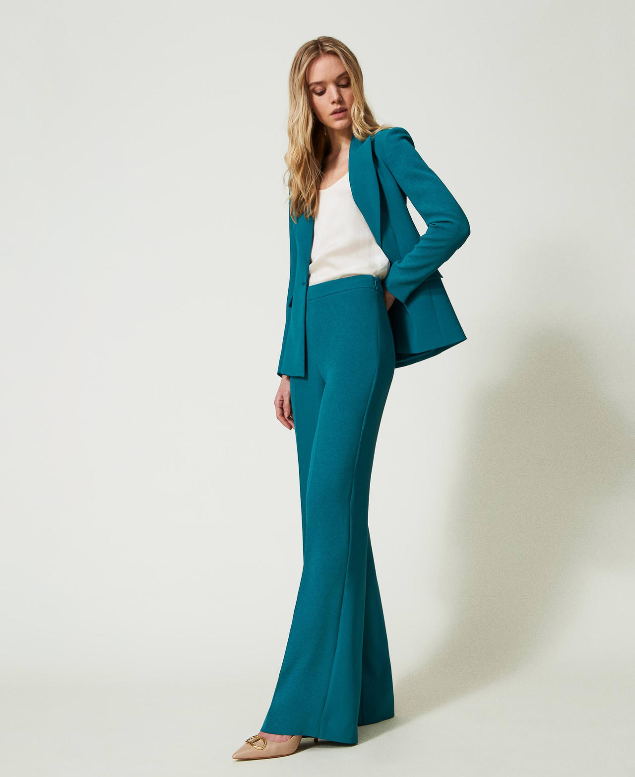 Flared cady crêpe trousers with pleat Mineral Green Pale Blue Woman 241TP2171_00540_02