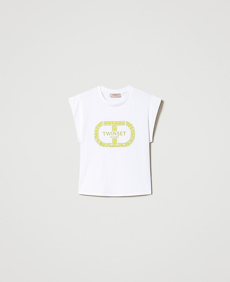T-Shirt mit Oval T und Fl&uuml;gel&auml;rmeln Stickerei Optisches Wei&szlig; / Light Lemon Frau 241TP2213_11466_S0