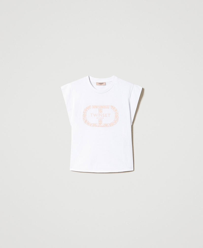 Camiseta con Oval T y manga casquillo Bordado Blanco Óptico / Cupcake Pink Mujer 241TP2213-01