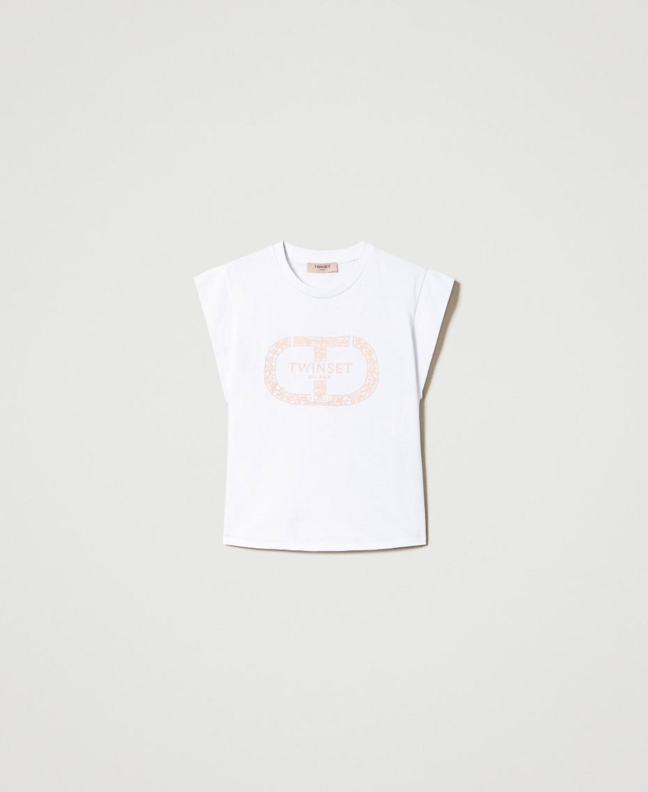 T-Shirt mit Oval T und Flügelärmeln Stickerei Optisches Weiß / Cupcake Pink Frau 241TP2213-01