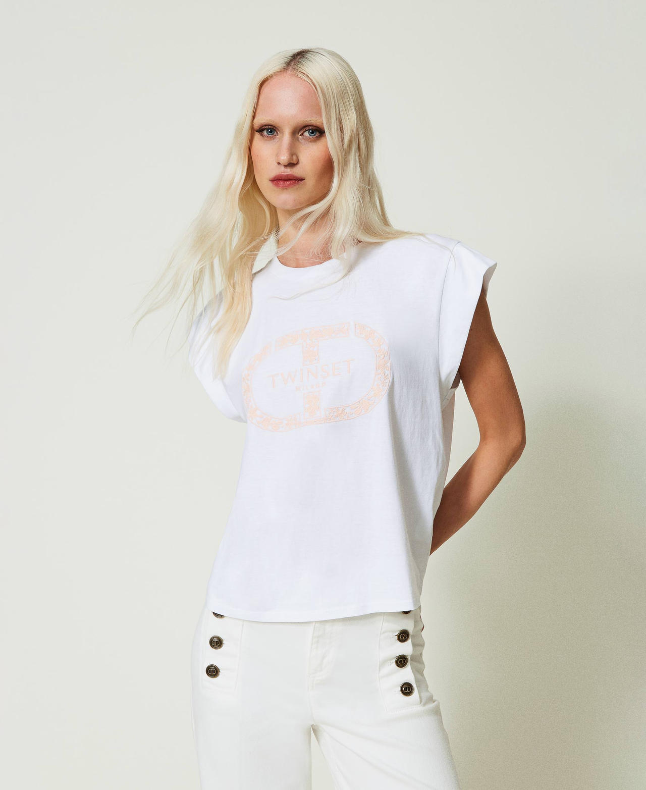 T-shirt avec Oval T et mancherons Broderie Blanc Optique/Cupcake Pink Femme 241TP2213-0S