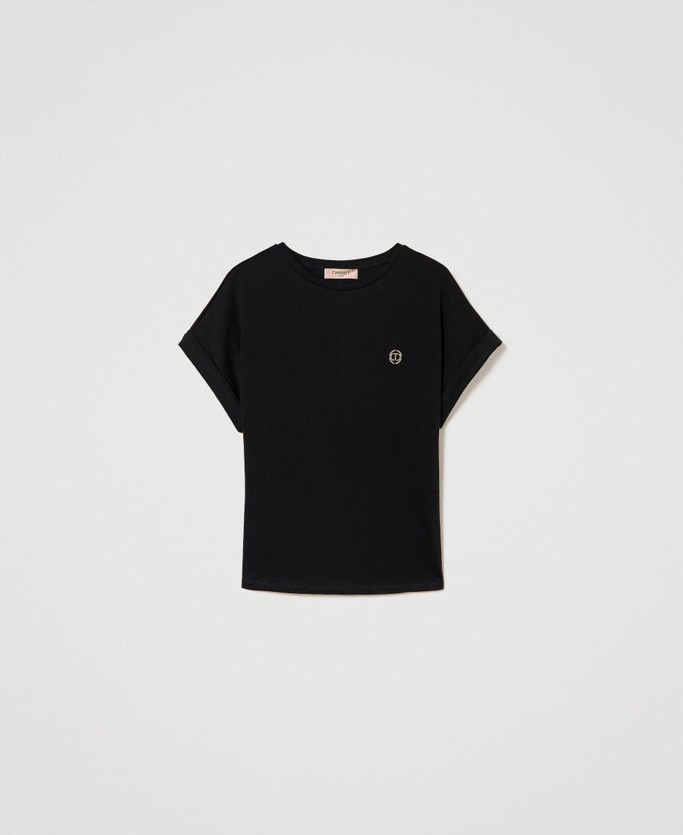 T-shirt with kimono sleeves and Oval T Woman, Black | TWINSET Milano