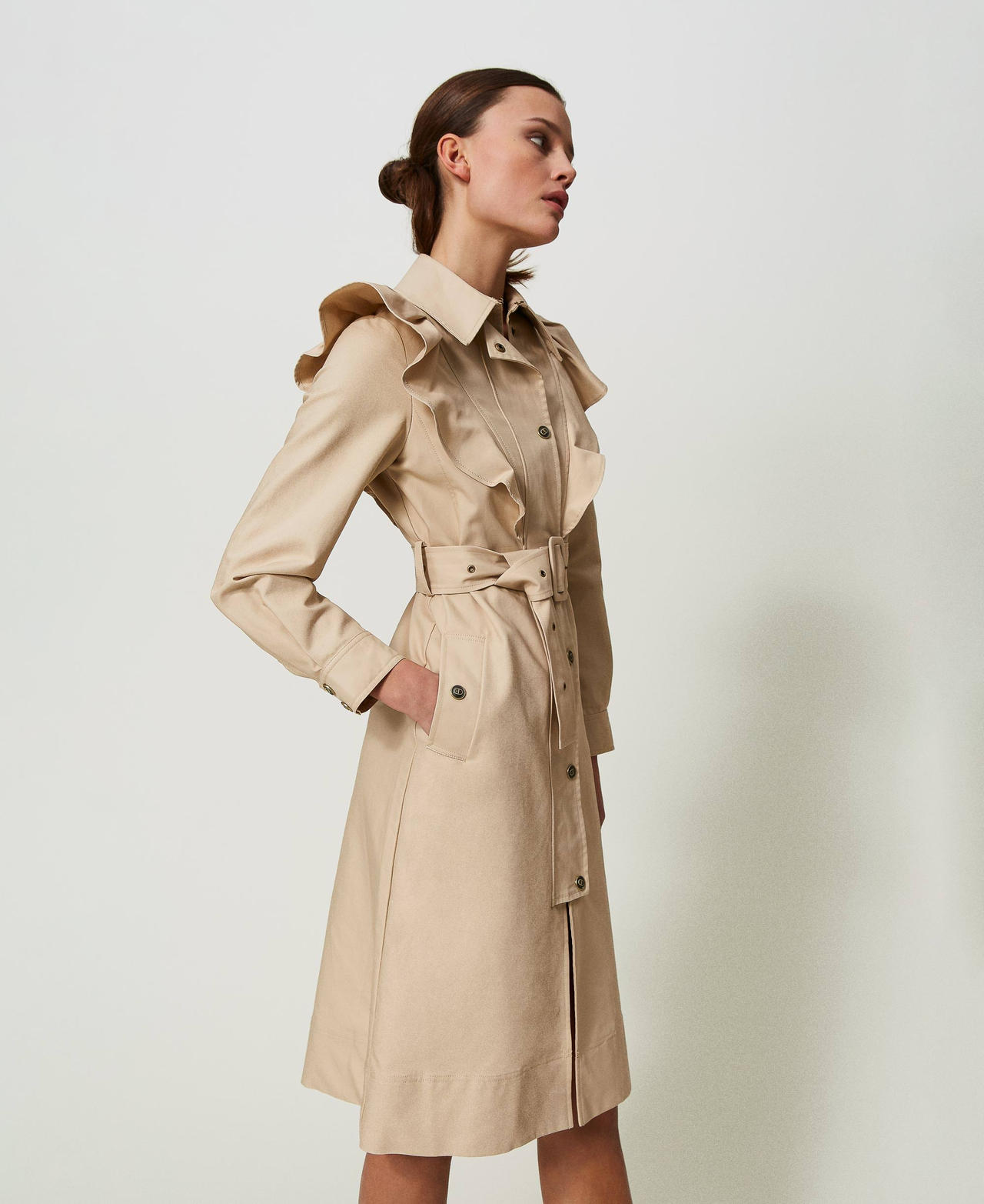 Double fabric trench coat with ruffles "Almond Milk” Beige Woman 241TP2230-02