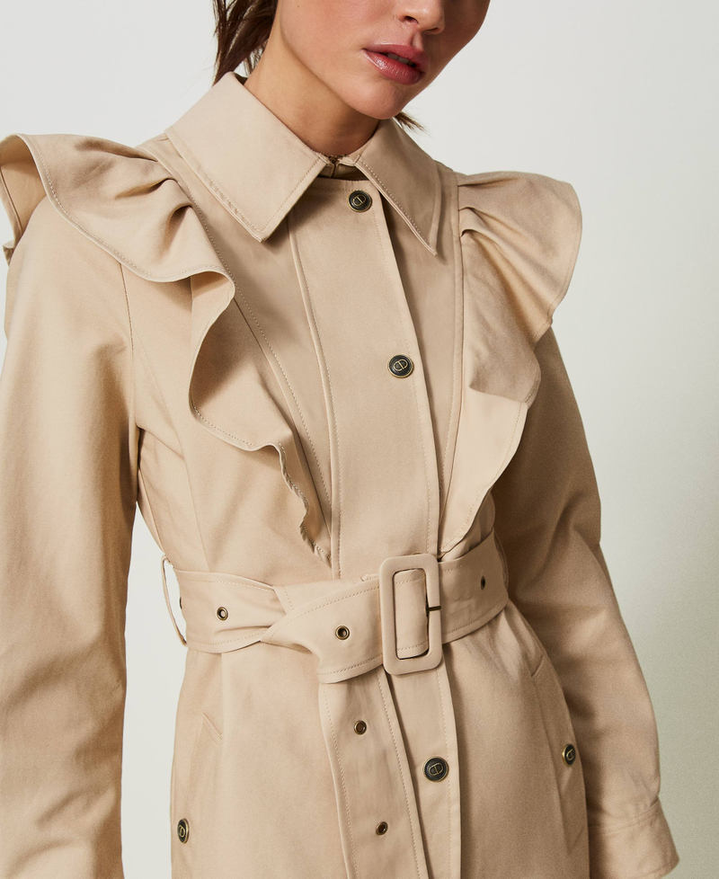 Double fabric trench coat with ruffles "Almond Milk” Beige Woman 241TP2230-04