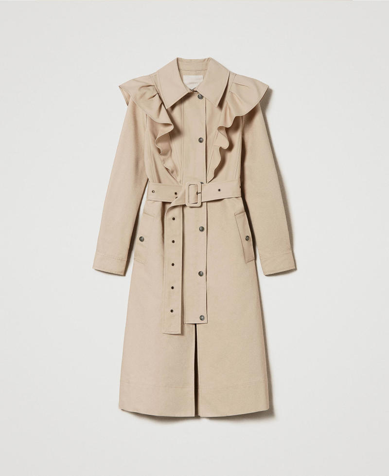 Double fabric trench coat with ruffles