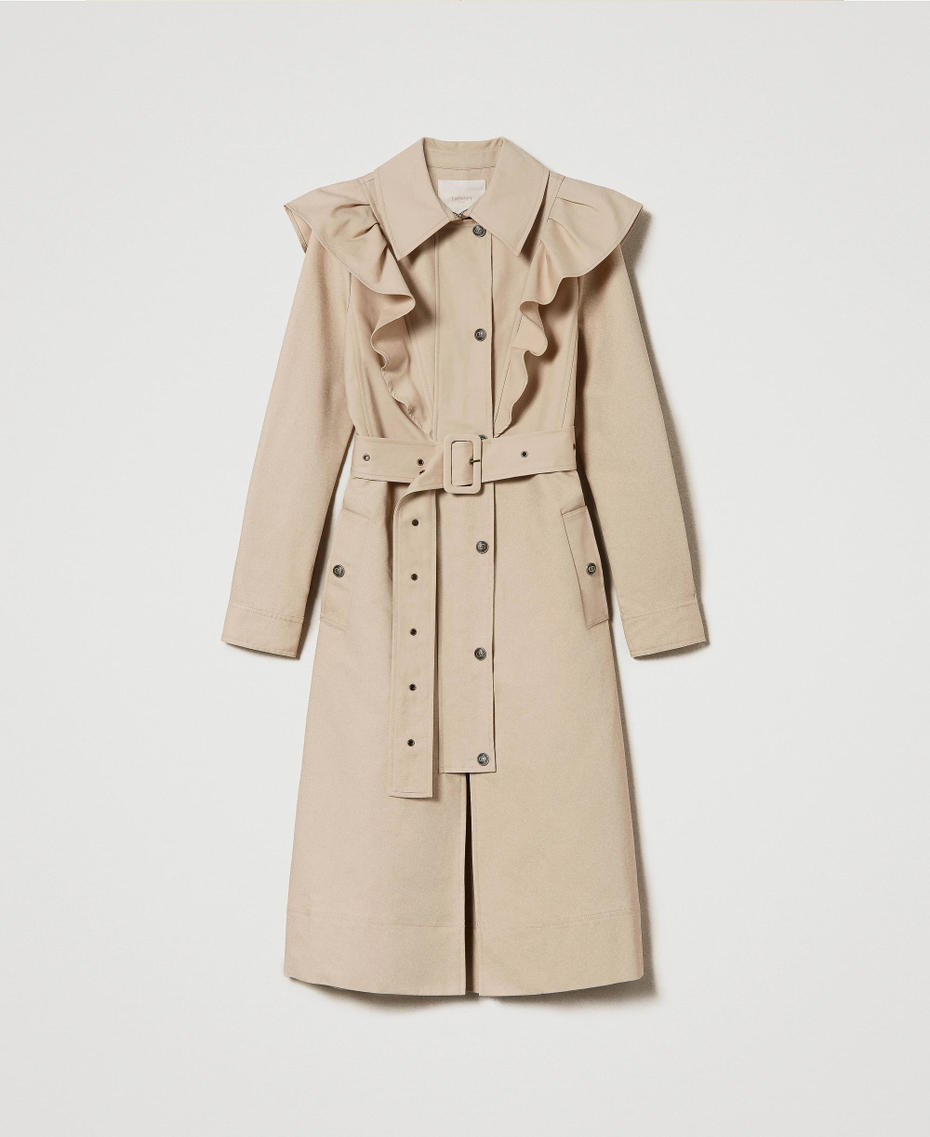 Double fabric trench coat with ruffles "Almond Milk” Beige Woman 241TP2230-0S