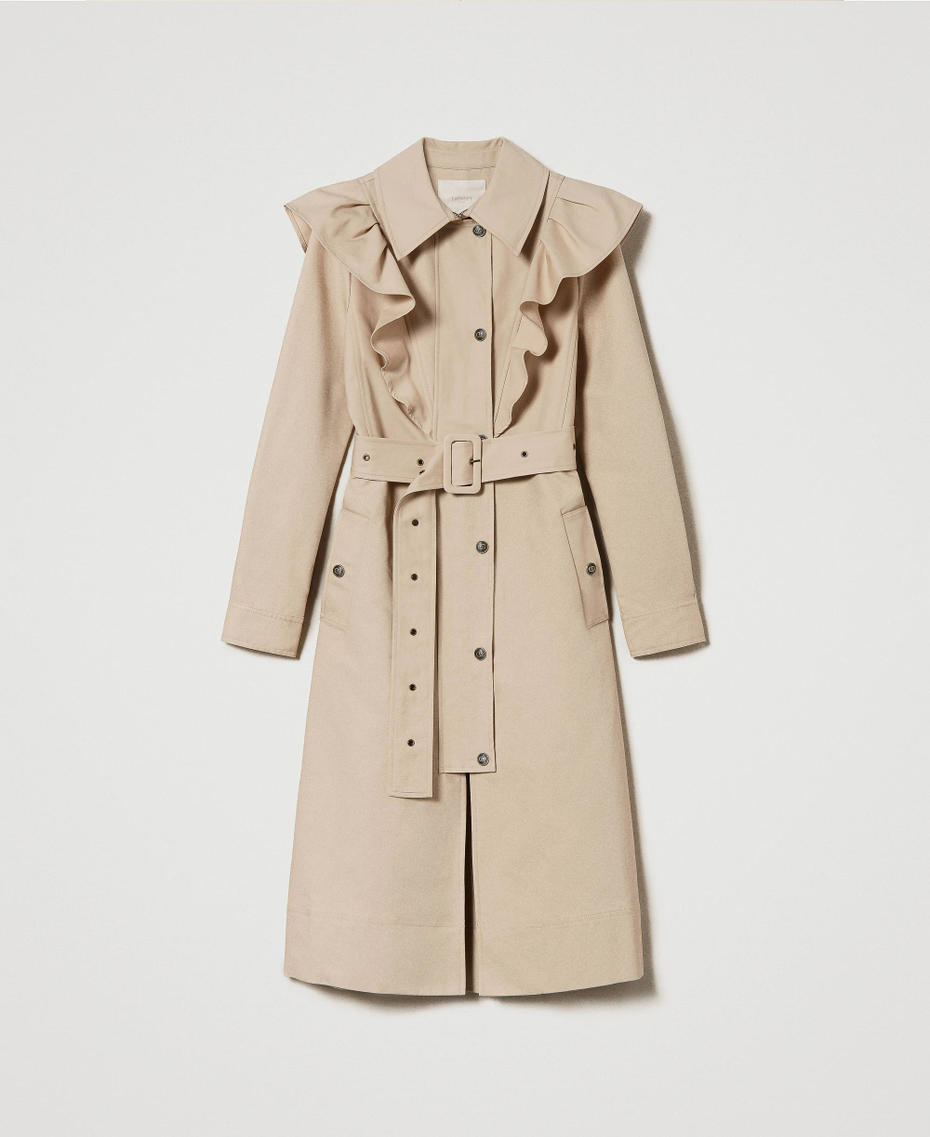 Double fabric trench coat with ruffles