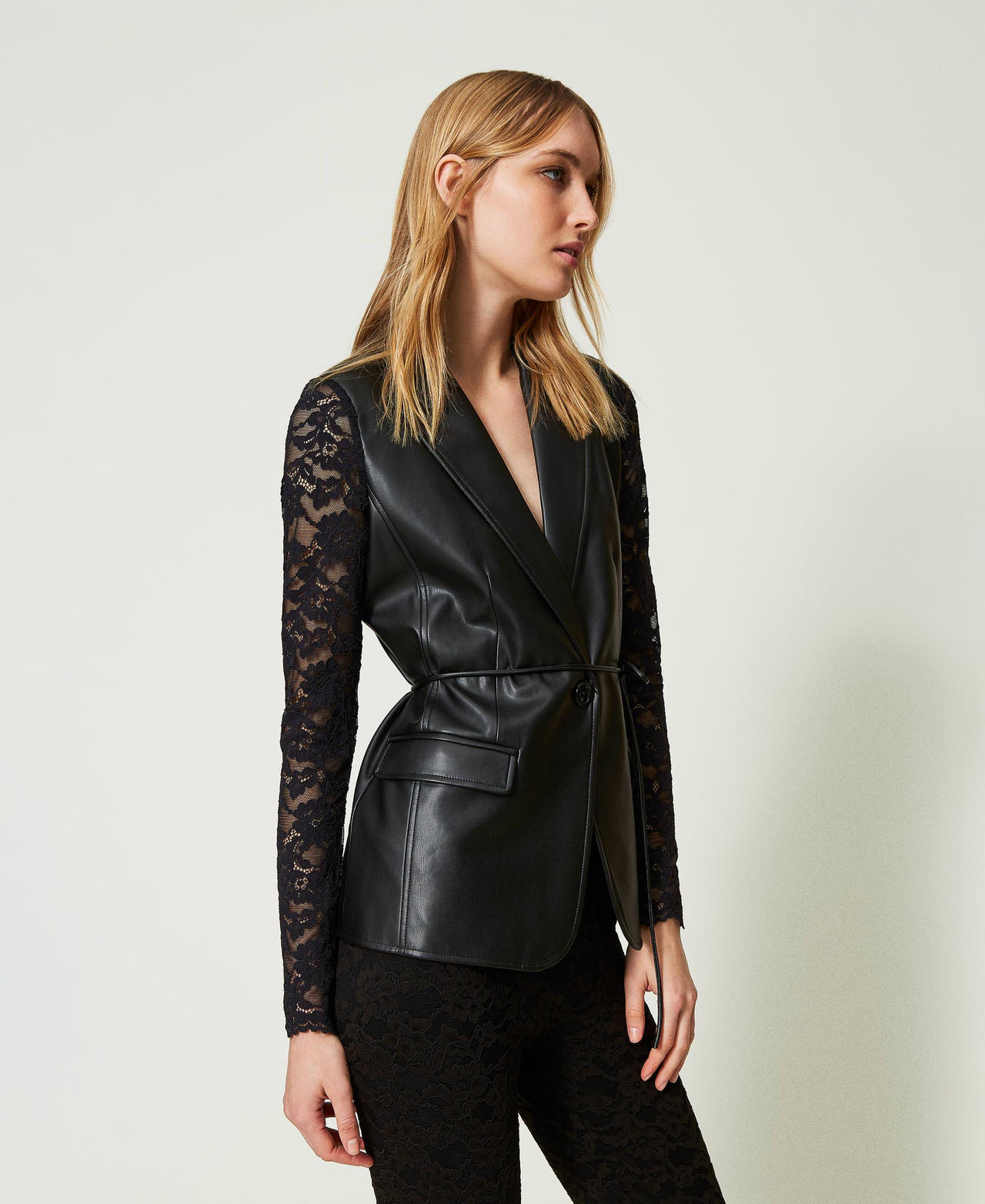 Leather-like blazer with lace Black Woman 241TP2330-02