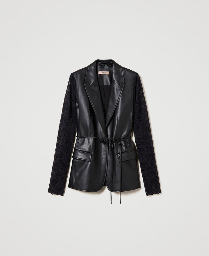 Leather-like blazer with lace Black Woman 241TP2330-0S
