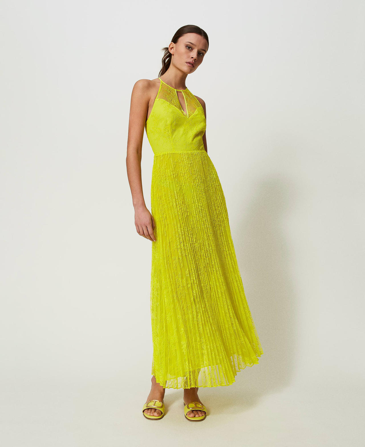 Robe longue en crepe georgette et dentelle Femme Jaune TWINSET Milano