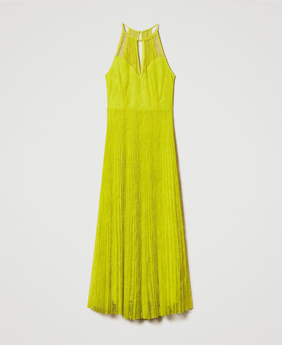 Robe longue en crêpe georgette et dentelle Jaune « Light Lemon » Femme 241TP2351_04615_S0