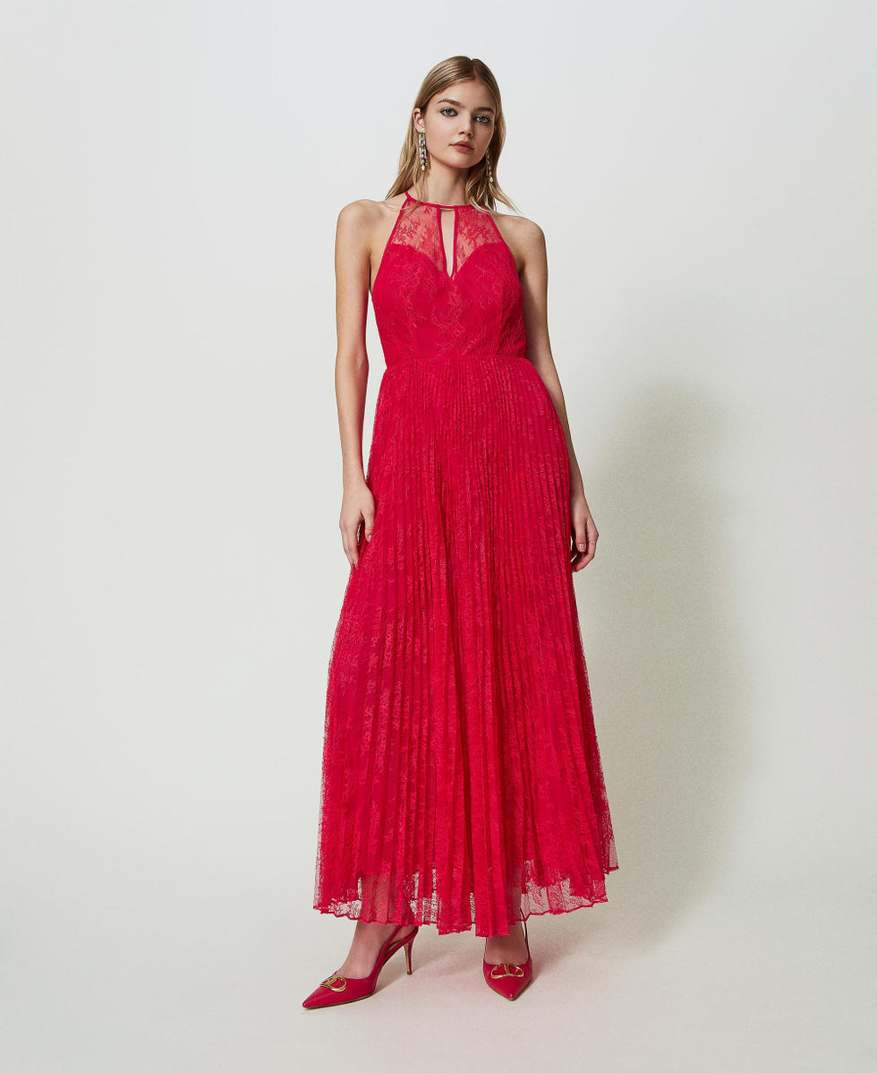 Full-length georgette and lace gown Woman, Fuchsia