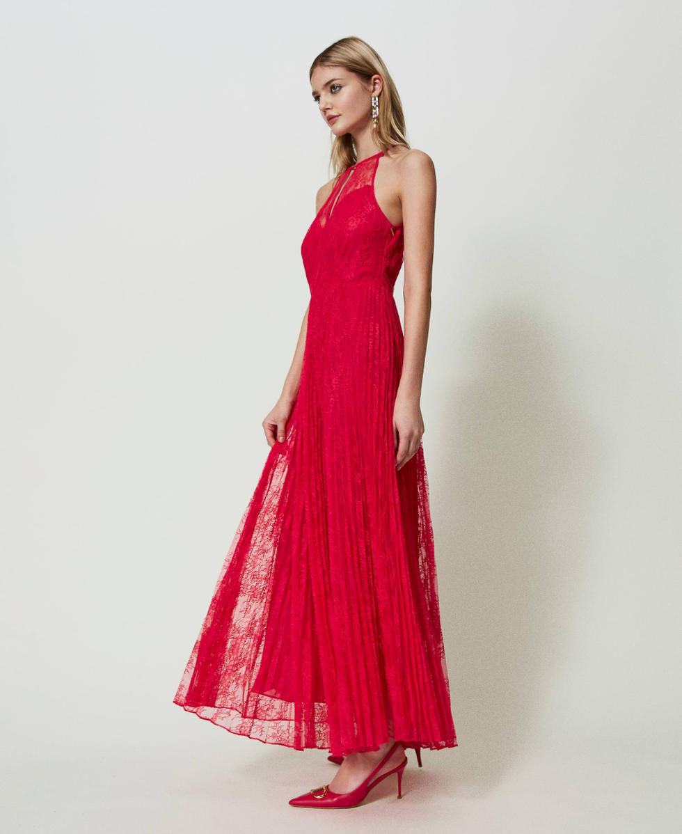 Robe longue en crepe georgette et dentelle Femme Fuchsia TWINSET Milano