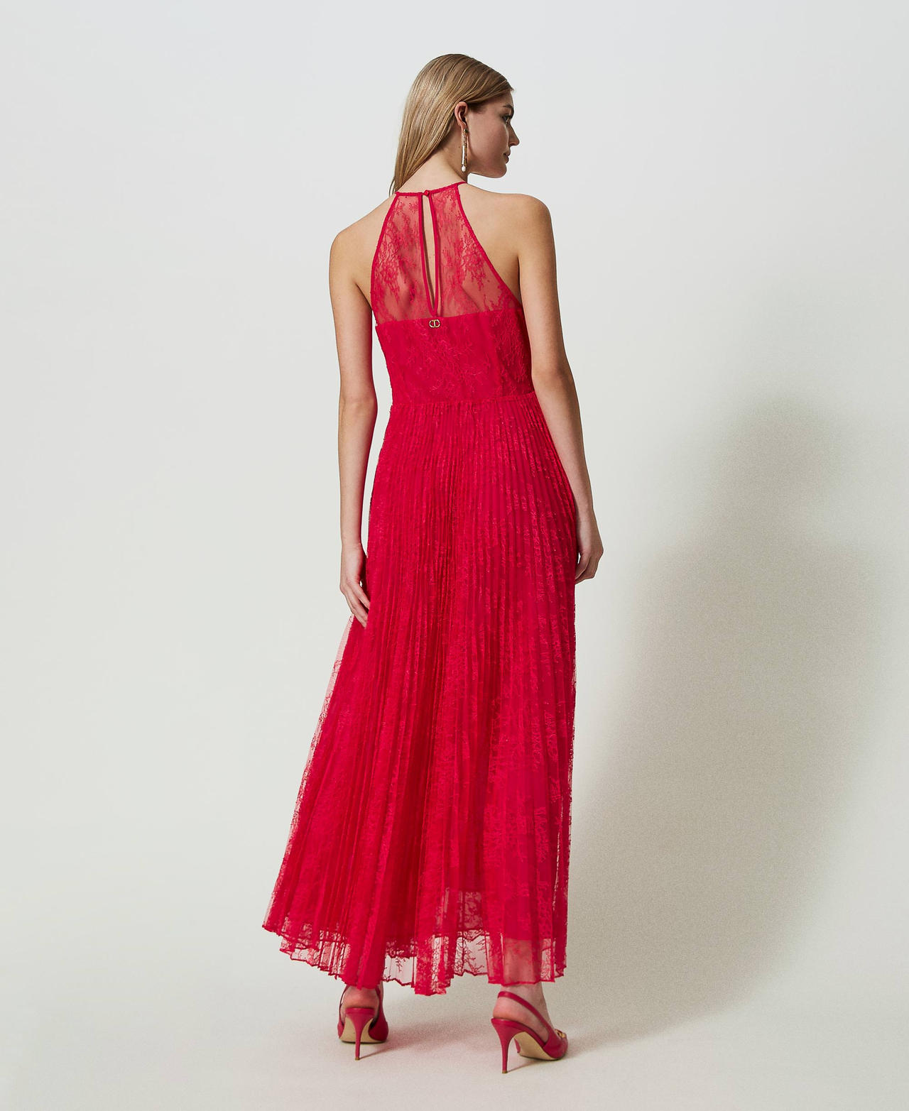 Full-length georgette and lace gown "Bright Rose&rdquo; Pink Woman 241TP2351_10802_03
