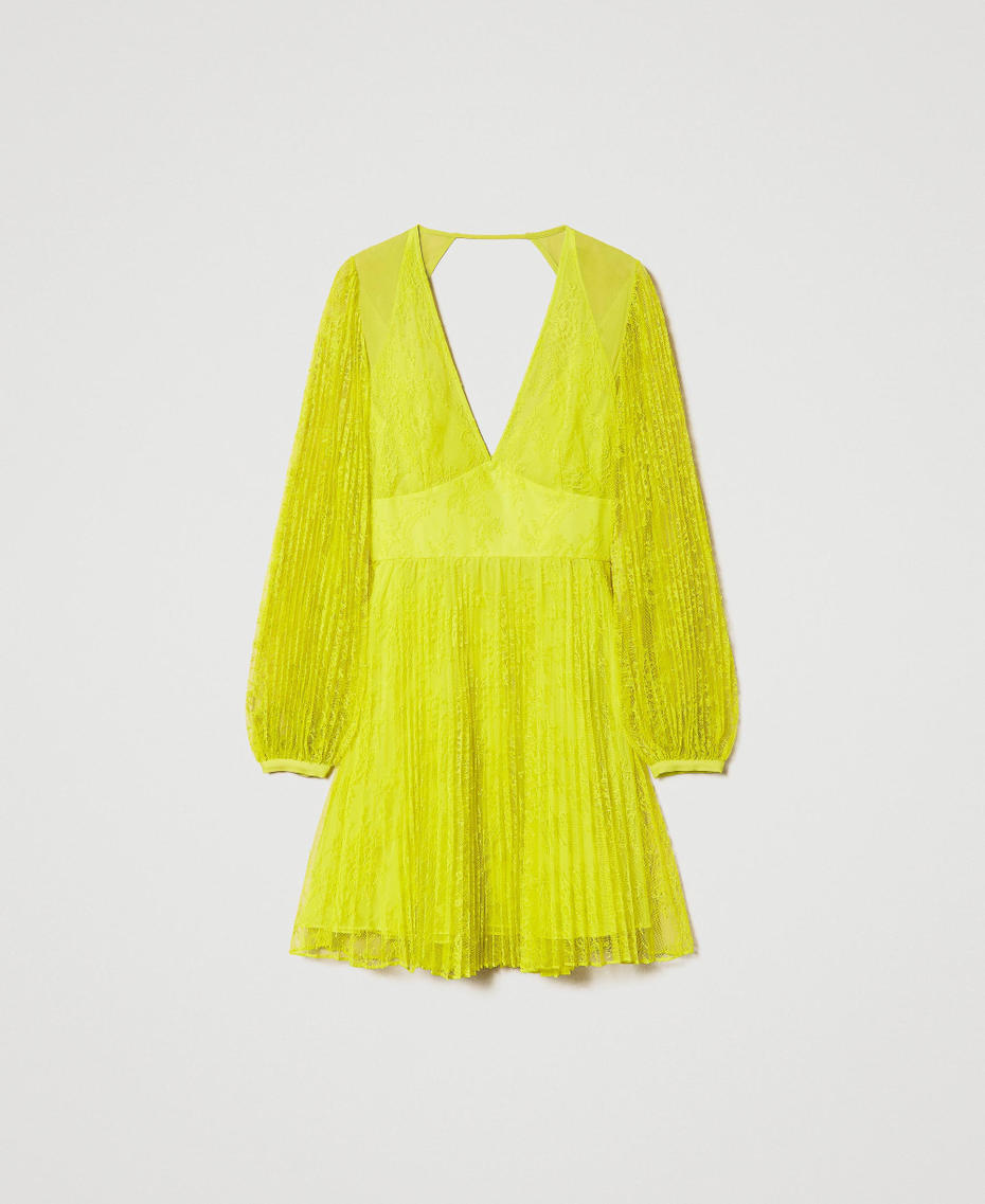 Kurzes Kleid aus plissierter Spitze „Light Lemon“-Gelb Frau 241TP2353-0S