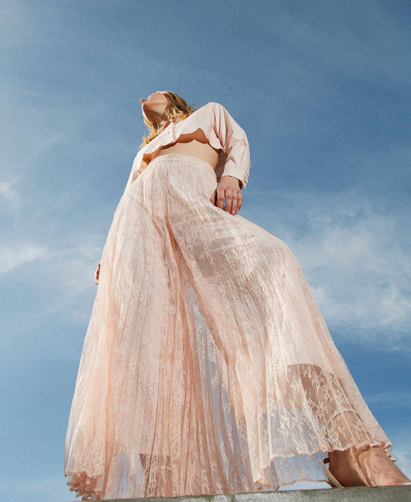 Pleated lace palazzo trousers