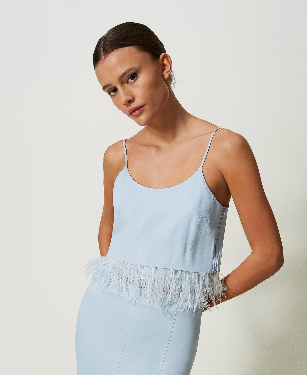 Cropped satin top with feathers "Blue Tear" Light Blue Woman 241TP2371_11307_01