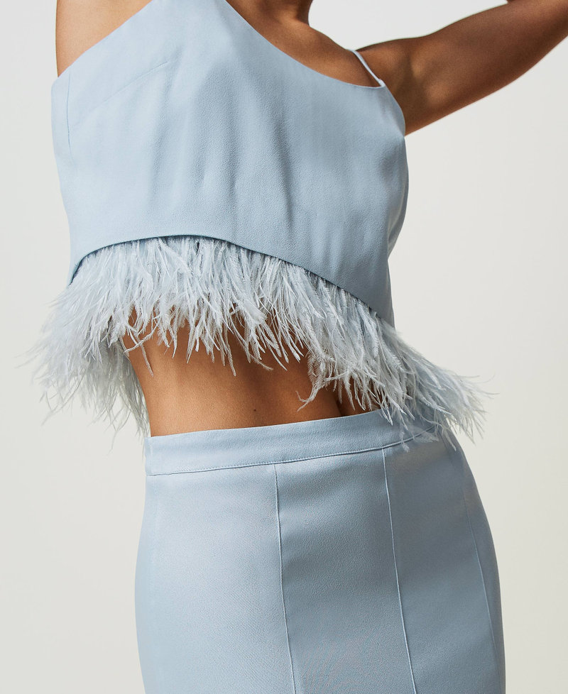 Cropped satin top with feathers "Blue Tear" Light Blue Woman 241TP2371-04