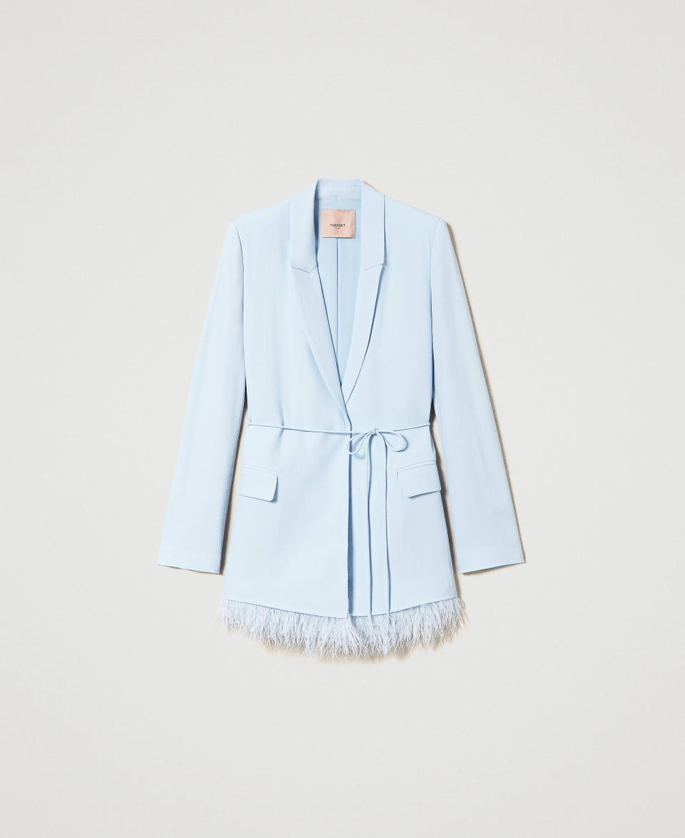 Giacca blazer in raso con piume Azzurro "Blue Tear" Donna 241TP2372_11307_0S