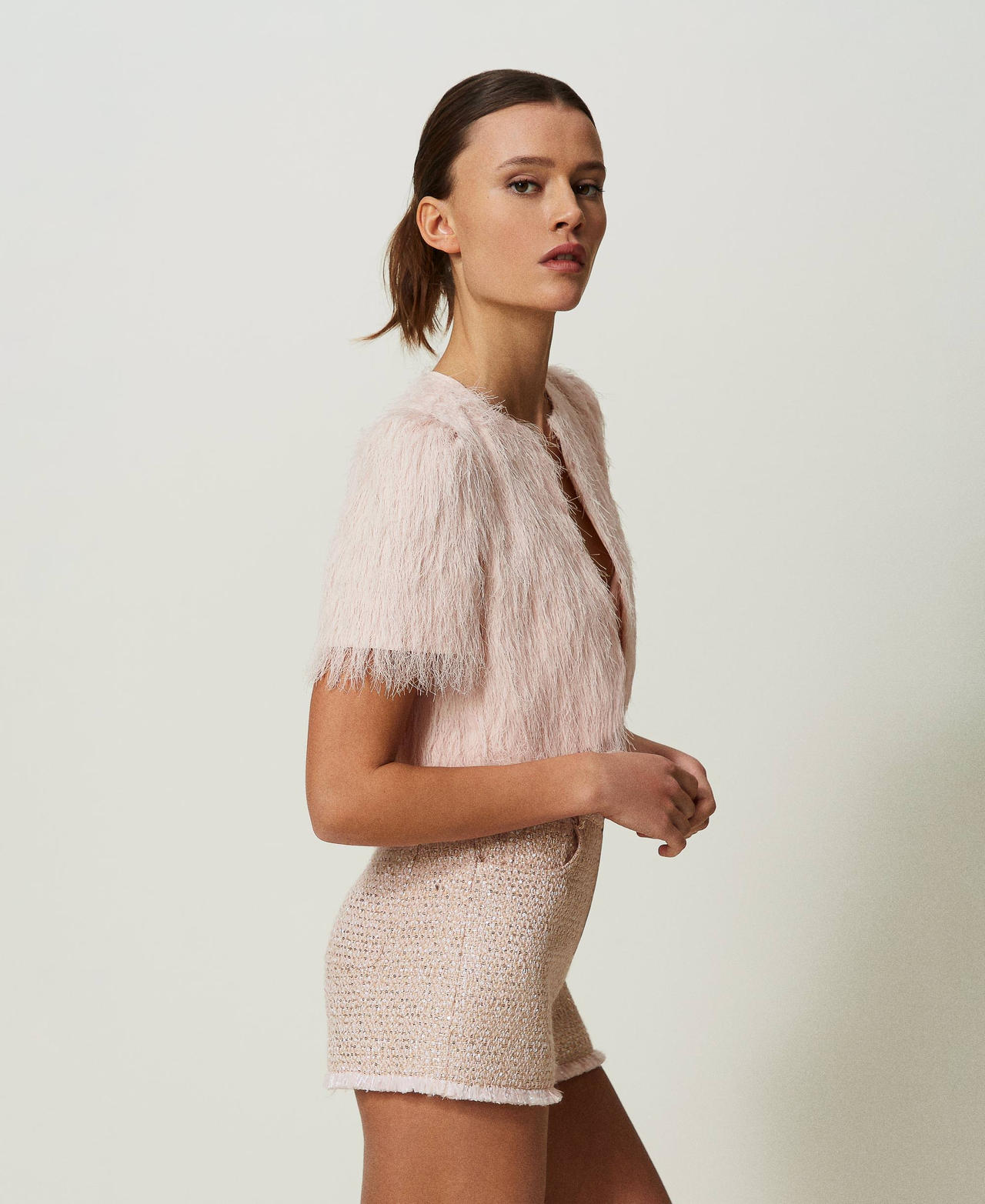 Shrug with feather-like threads Cupcake Pink Woman 241TP2435_00178_02