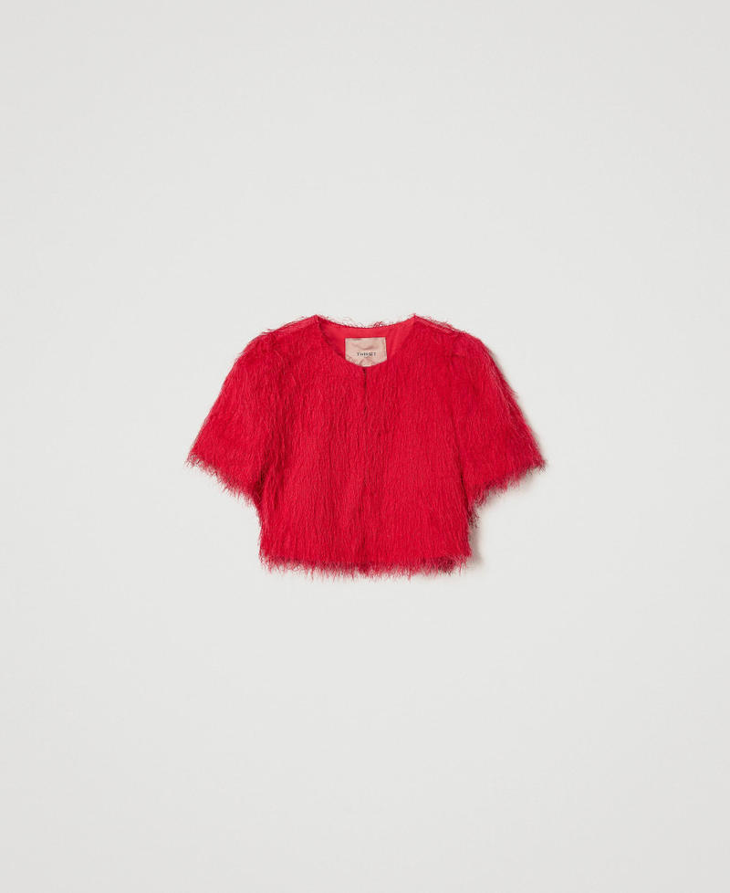 Shrug with feather-like threads "Bright Rose” Pink Woman 241TP2435_10802_S0