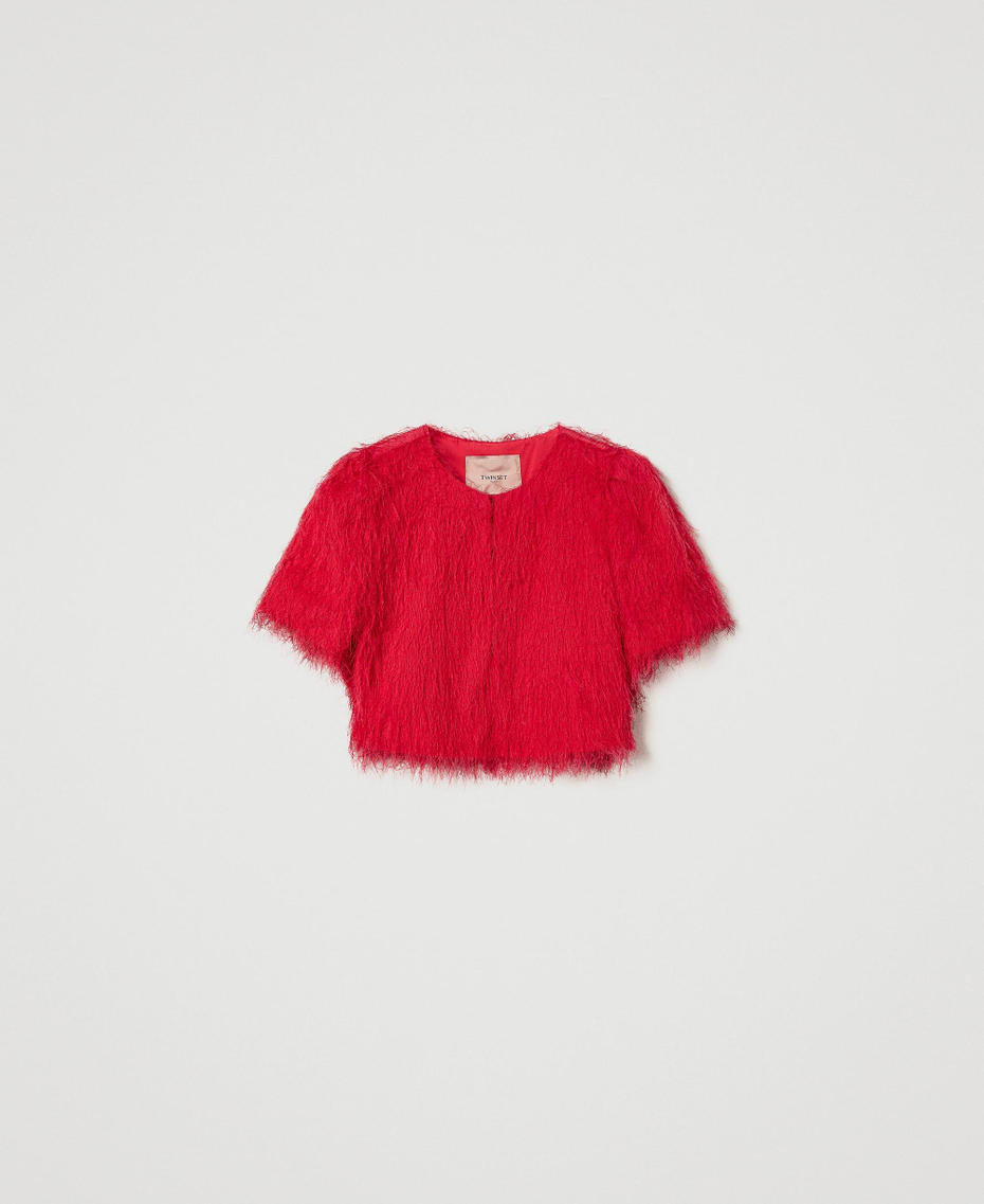 Shrug with feather-like threads "Bright Rose” Pink Woman 241TP2435_10802_S0