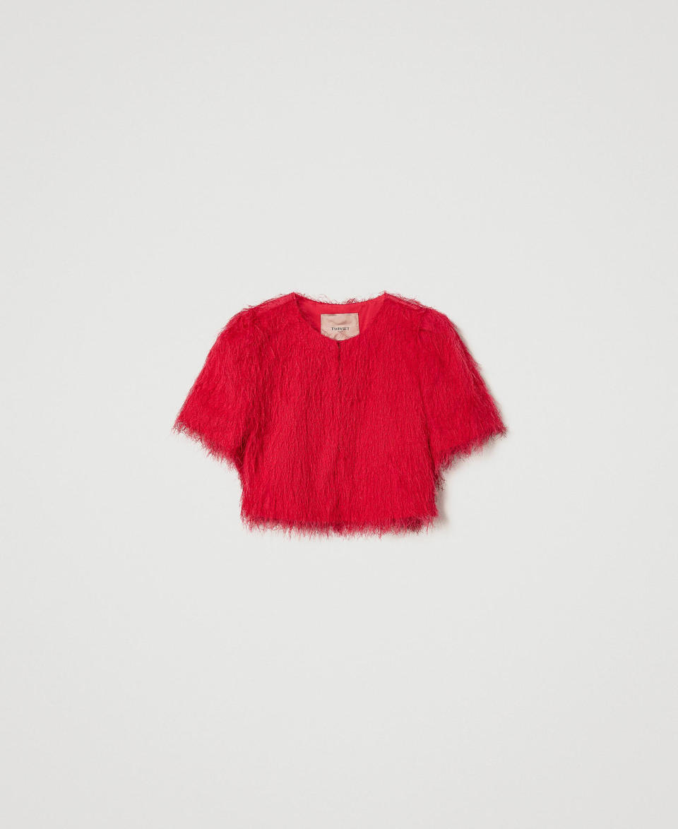 Shrug with feather-like threads "Bright Rose” Pink Woman 241TP2435_10802_S0