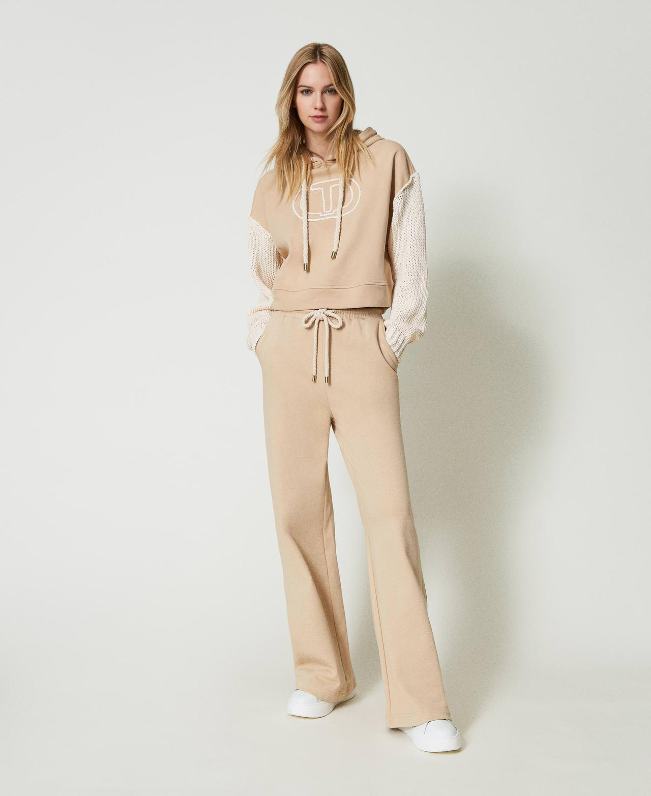 Wide leg plush fabric trousers
