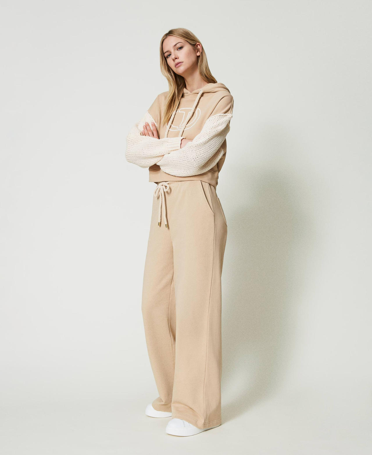 Wide leg plush fabric trousers "Almond Milk” Beige Woman 241TP2493_11308_02