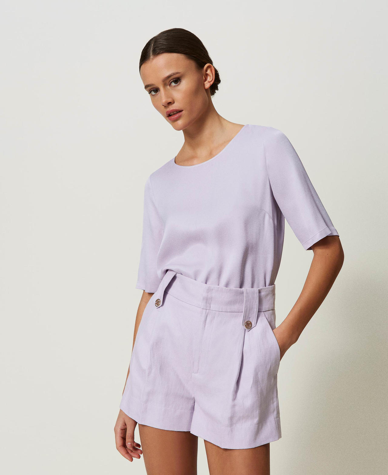 Satinbluse mit Schlitzen Glockenblumenlila Frau 241TP2505_00692_01