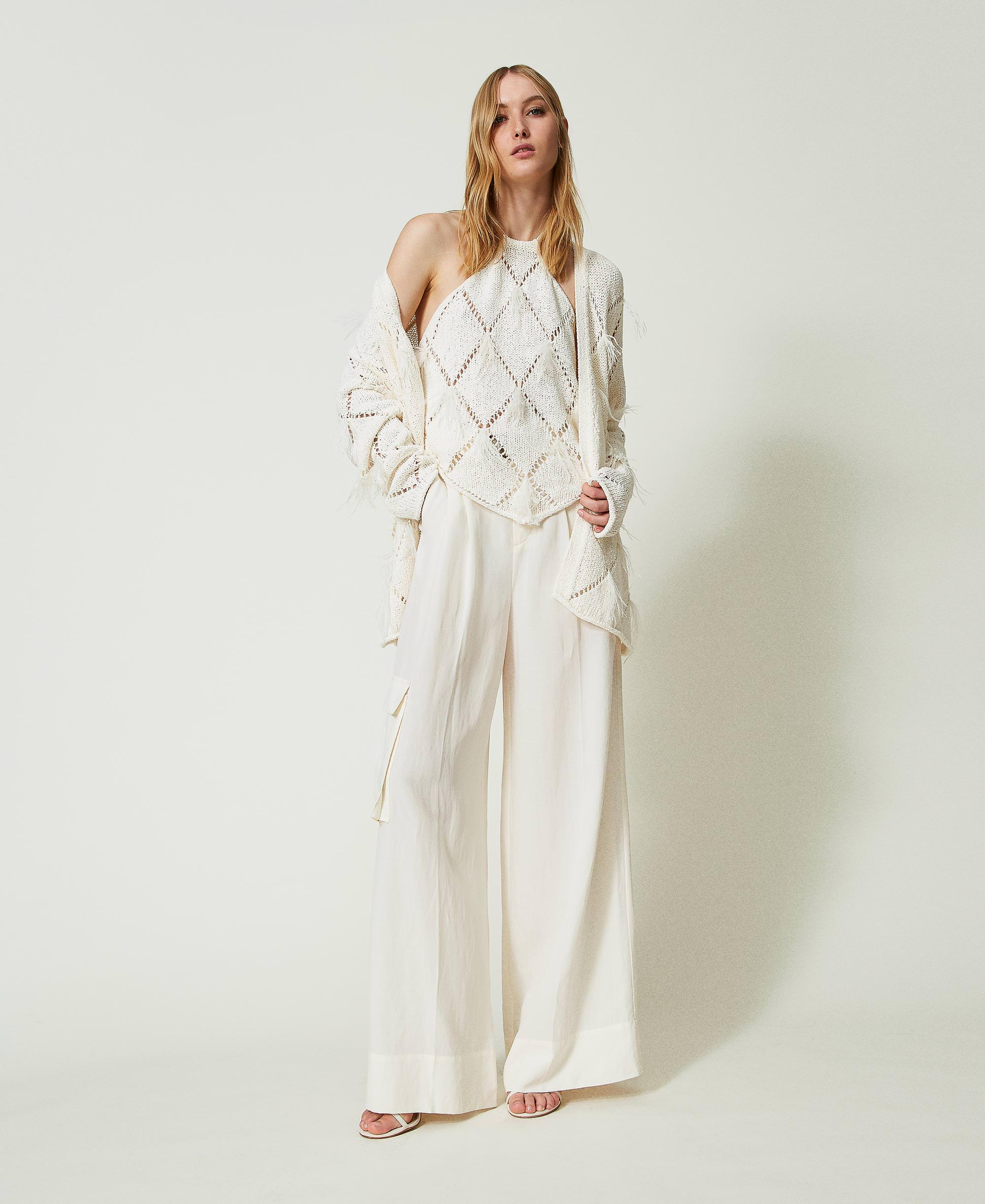 Wide leg linen blend trousers