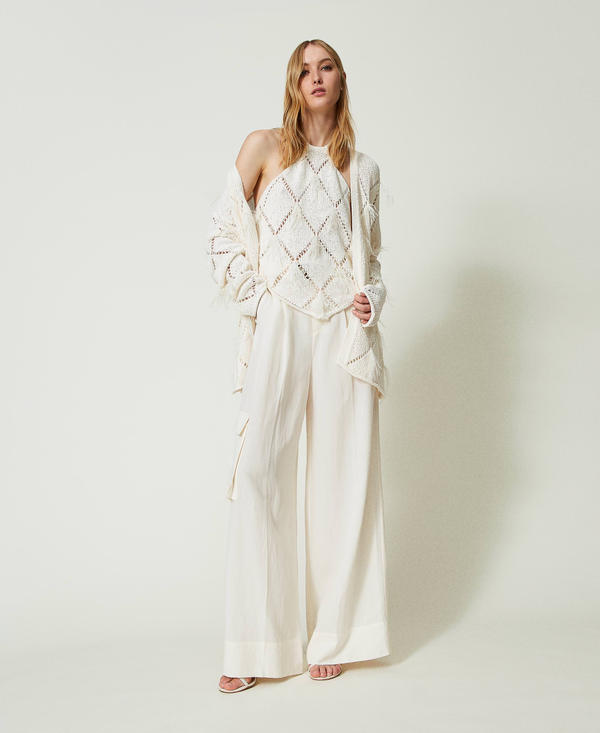 Pantaloni wide leg in tela di misto lino