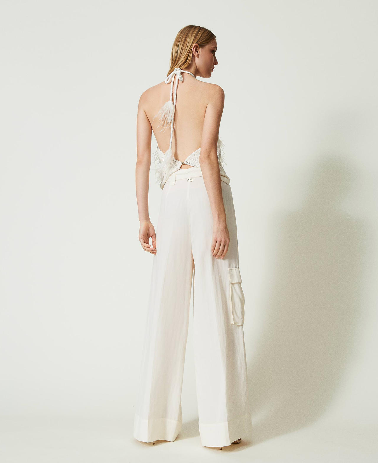 Pantaloni wide leg in tela di misto lino