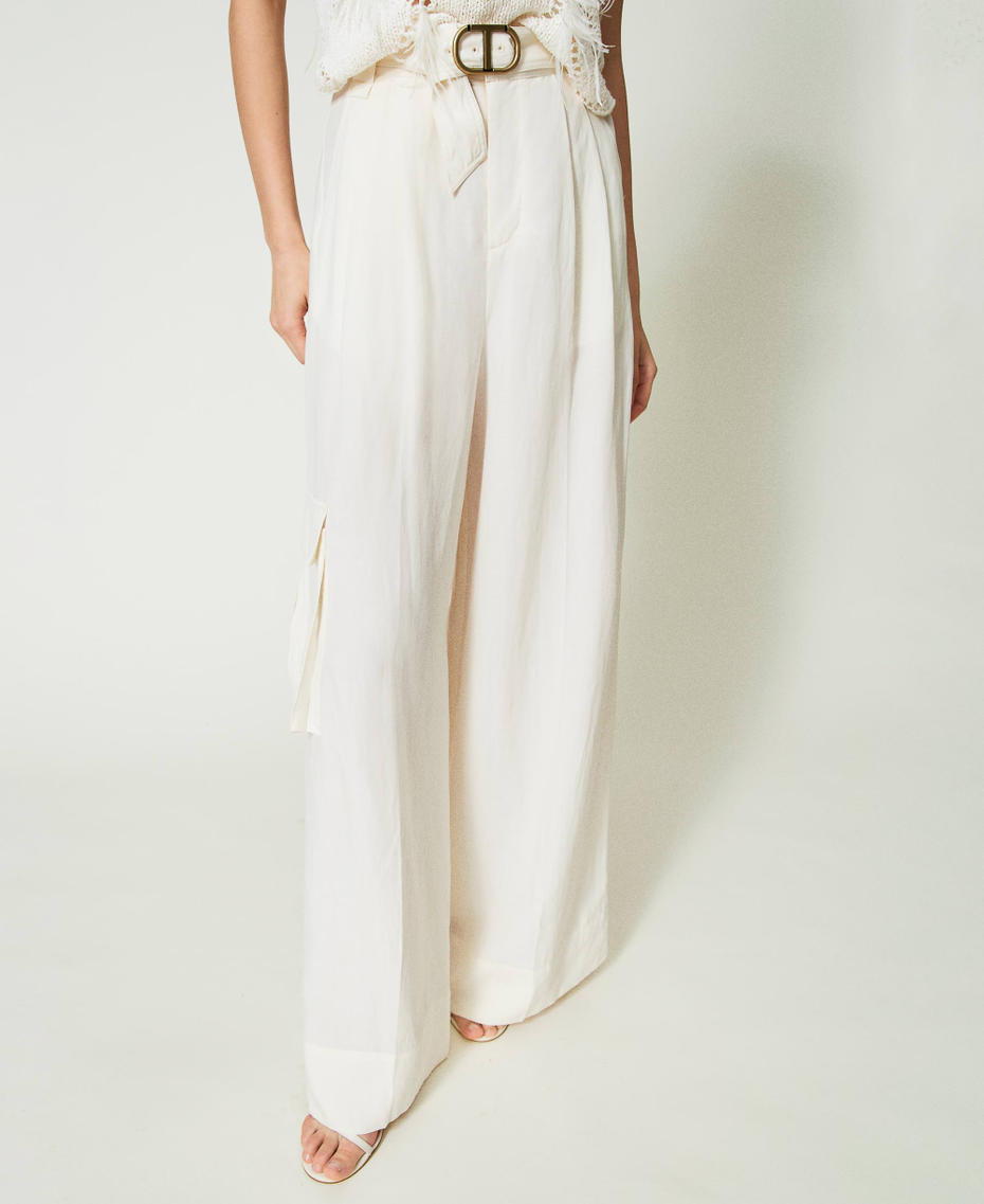 Wide leg linen blend trousers Ivory Woman 241TP2522_00018_04