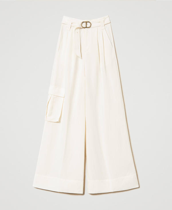 Pantaloni wide leg in tela di misto lino