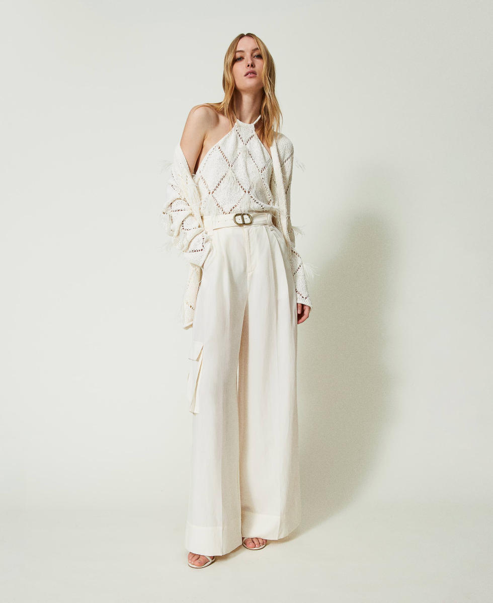 Wide leg linen blend trousers Ivory Woman 241TP2522_00018_T0
