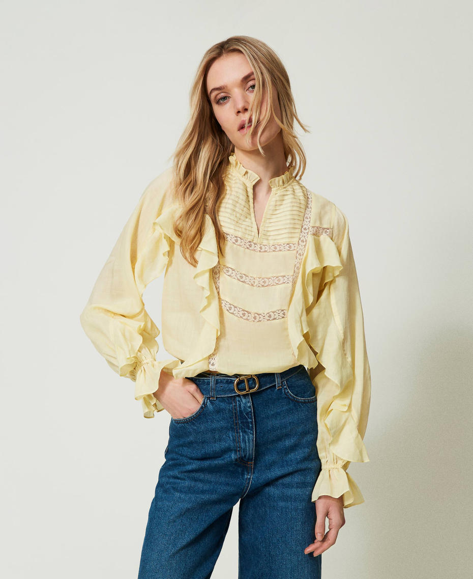Women Summer Retro Flower Ramie O Neck Blouse