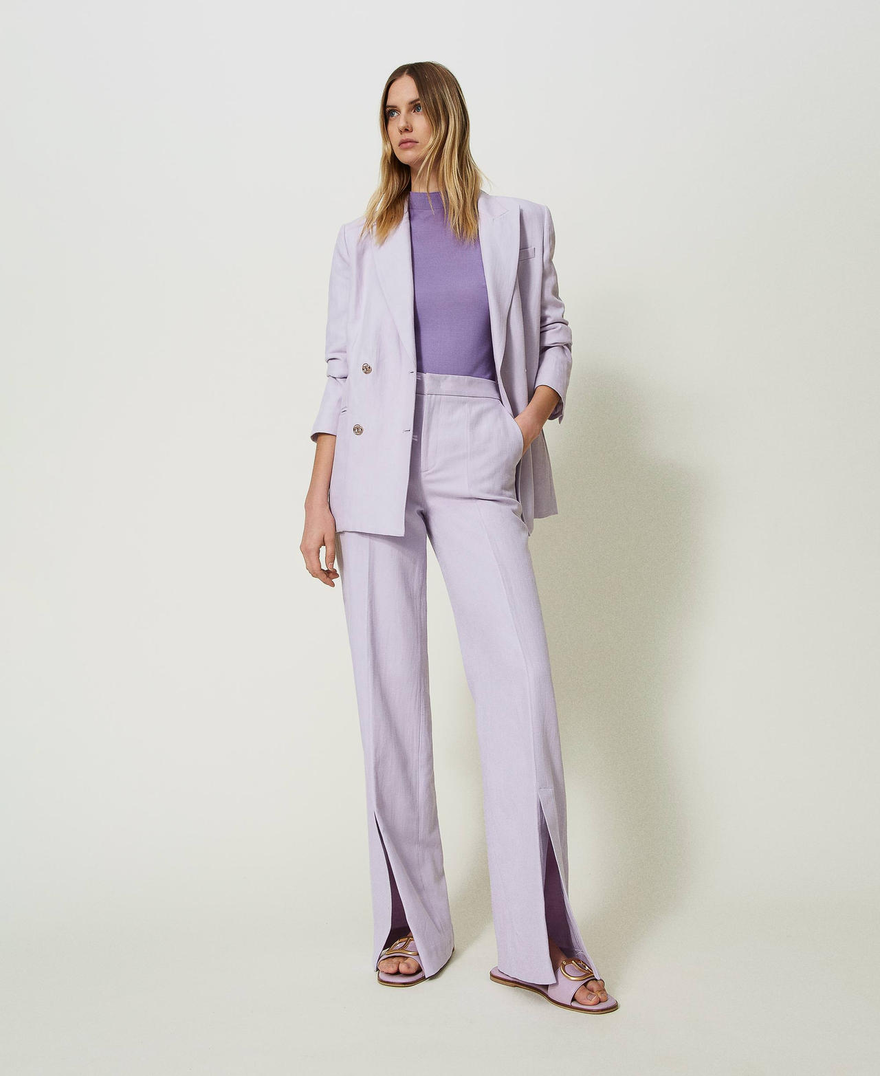 Linen twill trousers with slits Bellflower Lilac Woman 241TP2562_00692_01