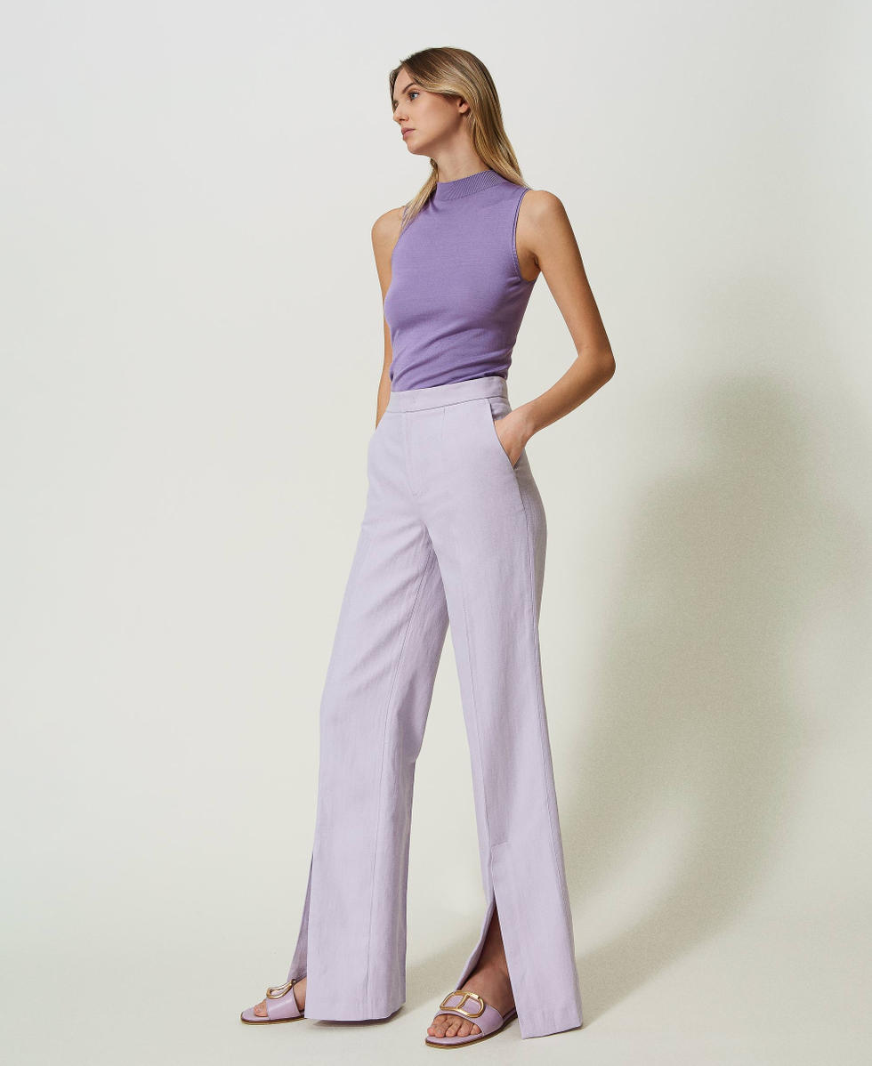 Linen twill trousers with slits Woman Purple TWINSET Milano
