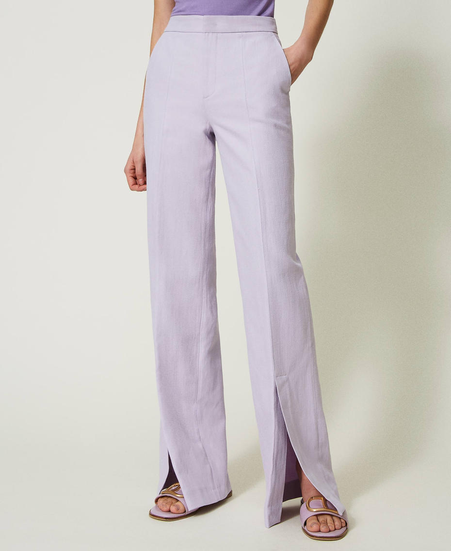 Linen twill trousers with slits Bellflower Lilac Woman 241TP2562-04