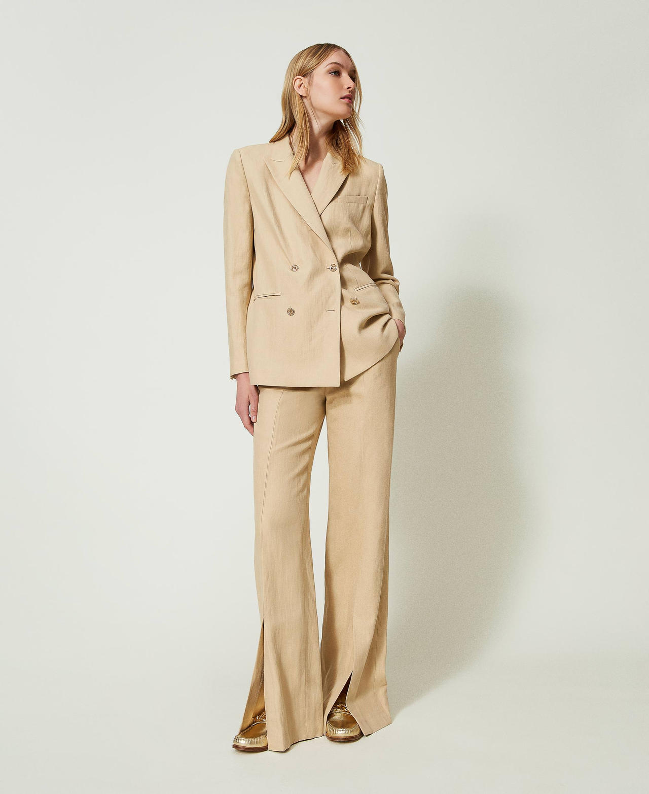Linen twill trousers with slits "Almond Milk" Beige Woman 241TP2562_11308_01