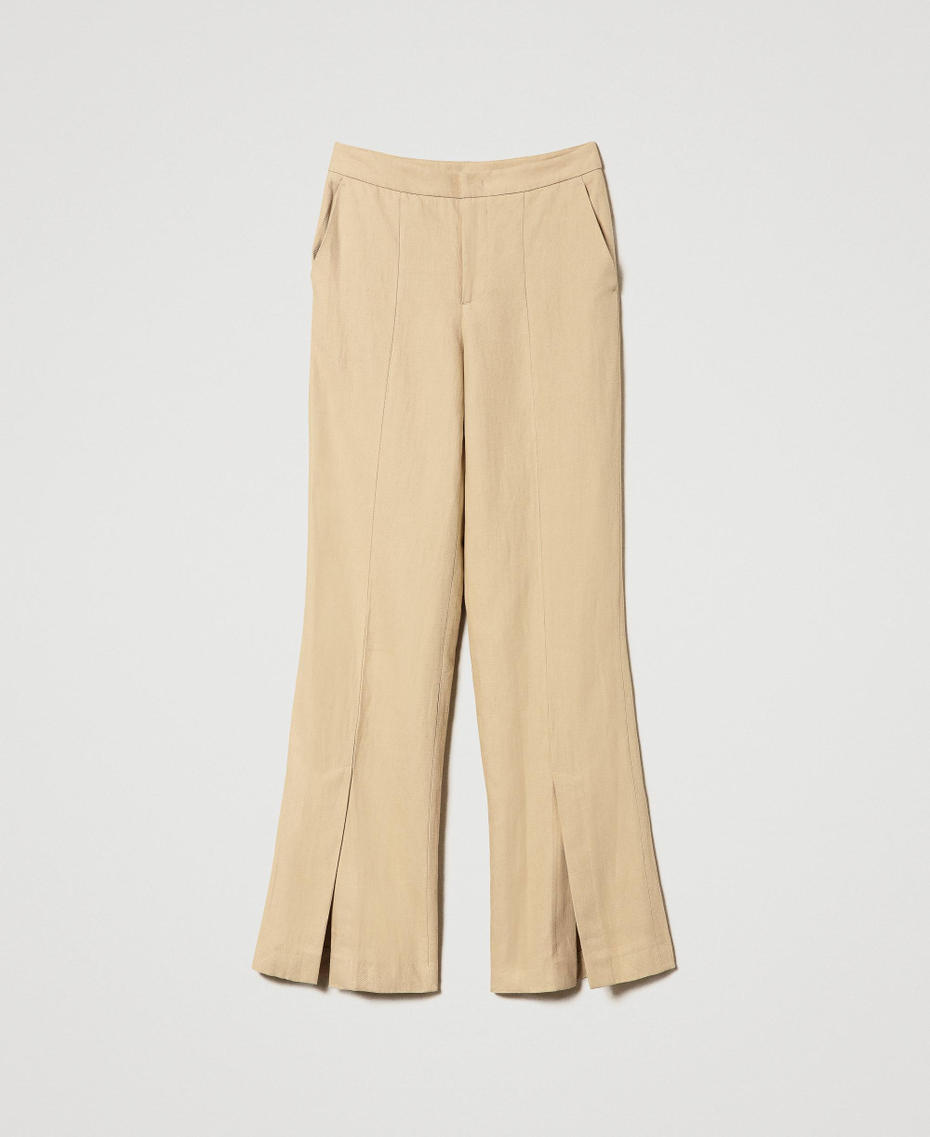 Linen twill trousers with slits "Almond Milk” Beige Woman 241TP2562_11308_S0